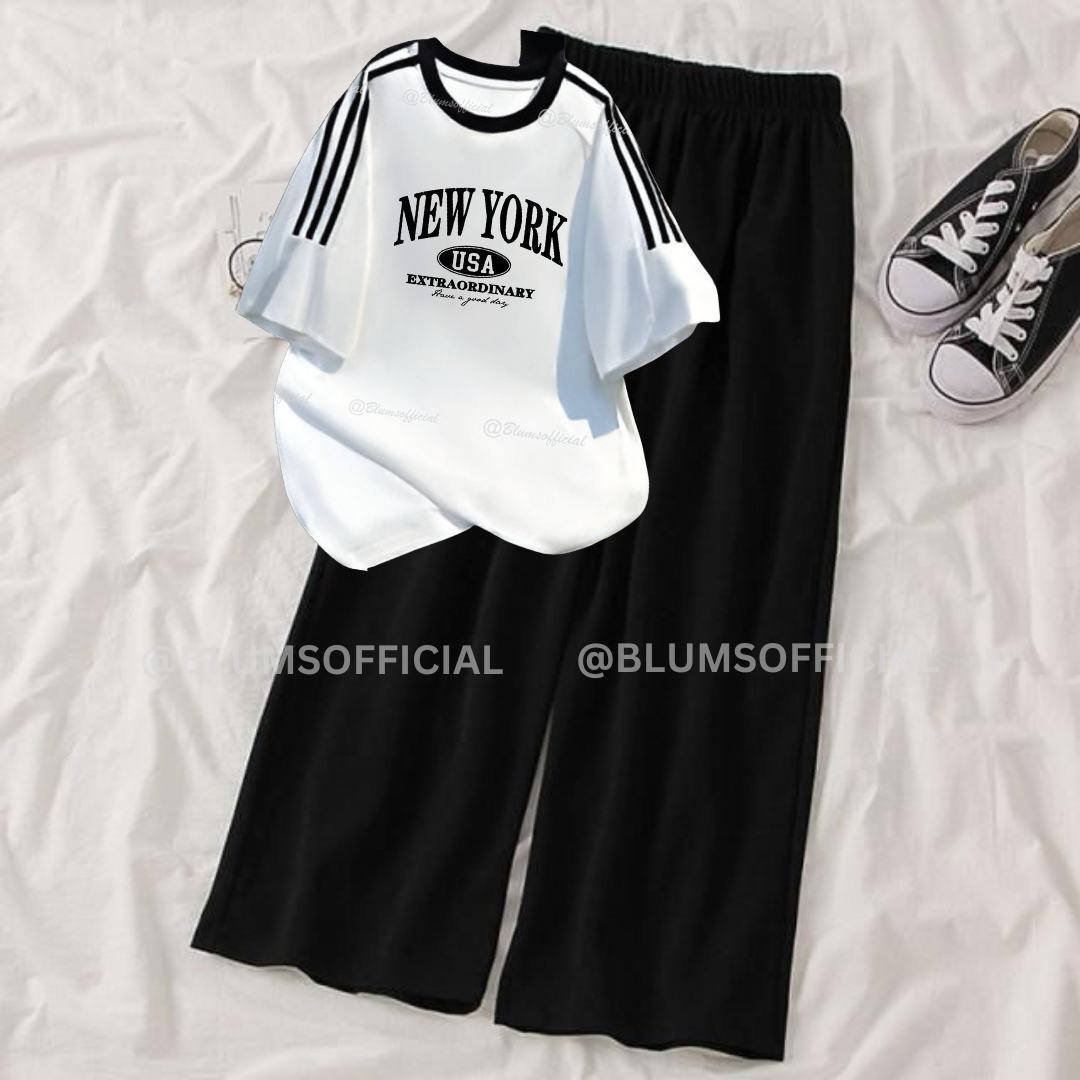 NY Printed White Oversized & Black Flapper