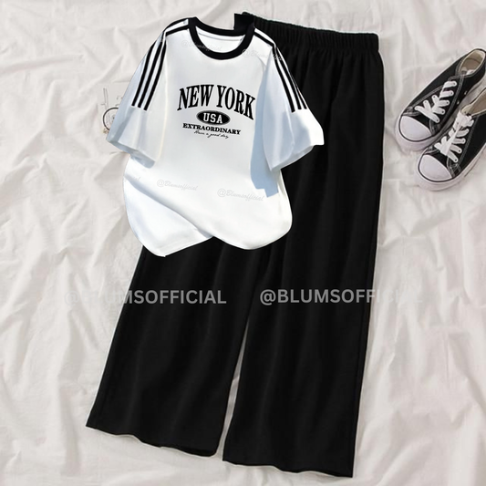 NY Printed White Oversized & Black Flapper