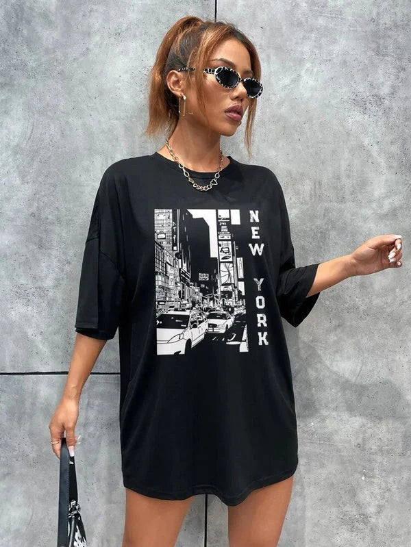 Nyc Printed Black Oversized Tee